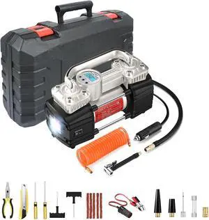 12V Digital Heavy Duty Tire Inflator PortableAir Compressor Pump | with Toolbox Tire Repair Kit 6X Faster Inflation Auto shut-off Dual Cylinders Air Pump 150Psi for Car,Pickup Truck,SUV,Balls 12V Digital Heavy Duty Tire Inflator PortableAir Compressor Pump | with Toolbox Tire Repair Kit 6X Faster Inflation Auto shut-off Dual Cylinders Air Pump 150Psi for Car,Pickup Truck,SUV,Balls