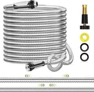 Expandable Metal Garden Water Hose 50 FT with Adjustable Nozzle | 1.5X Expandable, 304 Stainless Steel Heavy Duty, Flexible, Kink Free, Leak-Proof, Lightweight, for Reel Outdoor Yard Car Wash Expandable Metal Garden Water Hose 50 FT with Adjustable Nozzle | 1.5X Expandable, 304 Stainless Steel Heavy Duty, Flexible, Kink Free, Leak-Proof, Lightweight, for Reel Outdoor Yard Car Wash