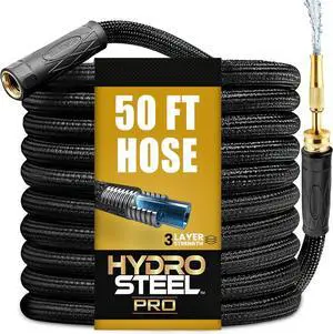 Hydrosteel PRO 50 Ft Heavy Duty Metal Garden Hose with Brass Nozzle | Made from 304 Stainless Steel, Flexible, Lightweight, Crush Resistant Fittings, Kink Free, 5/8 Diameter, 600 PSI Water Flow Hydrosteel PRO 50 Ft Heavy Duty Metal Garden Hose with Brass Nozzle | Made from 304 Stainless Steel, Flexible, Lightweight, Crush Resistant Fittings, Kink Free, 5/8 Diameter, 600 PSI Water Flow
