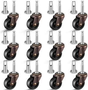 2" Antique Brass Furniture Casters with Rubber Wheels, 12 Set 2" Antique Brass Furniture Casters with Rubber Wheels, 12 Set