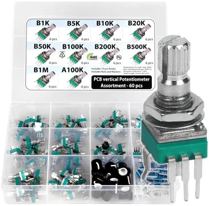 60 Pcs 9mm PCB Potentiometer Assortment, 10 Values B1K-B1M & A100K, 15mm Axis, Vertical Legs, RV097 RK097 60 Pcs 9mm PCB Potentiometer Assortment, 10 Values B1K-B1M & A100K, 15mm Axis, Vertical Legs, RV097 RK097