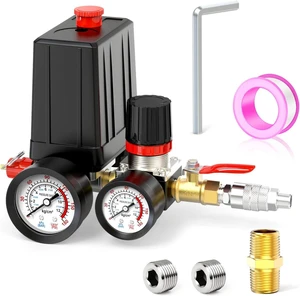 Air Compressor Pressure Switch Control Valve 90-120 PSI, 110V-240V, 4-Way, with 0-180 PSI Regulator & Safety Relief Valve Air Compressor Pressure Switch Control Valve 90-120 PSI, 110V-240V, 4-Way, with 0-180 PSI Regulator & Safety Relief Valve