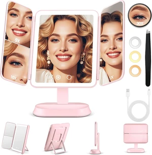 Lighted Makeup Mirror with 10X/5X/1X Magnification, 3 Color Lights, Rechargeable & Detachable, Trifold Vanity Mirror, Gifts (Pink) Lighted Makeup Mirror with 10X/5X/1X Magnification, 3 Color Lights, Rechargeable & Detachable, Trifold Vanity Mirror, Gifts (Pink)