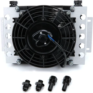 12.75 x 9.375 x 4.313 in Aluminum Plate & Fin Fluid Cooler with Fan, 5/8-18 in O-Ring Inlet/Outlet, 8 AN Male Adapters, Black Powder Coat, Universal 12.75 x 9.375 x 4.313 in Aluminum Plate & Fin Fluid Cooler with Fan, 5/8-18 in O-Ring Inlet/Outlet, 8 AN Male Adapters, Black Powder Coat, Universal