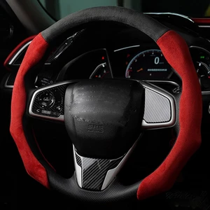 Quick-Install Sporty Suede Steering Wheel Cover with Red Grips, Universal Fit for 14 ½15 Inch Car/SUV/Pickup Steering Wheels Quick-Install Sporty Suede Steering Wheel Cover with Red Grips, Universal Fit for 14 ½15 Inch Car/SUV/Pickup Steering Wheels