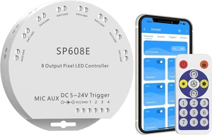 SP608E SPI Pixel LED Controller with 8 Signal Outputs Works with RGB Smart IC COB LED Strips, Built-in Mic/AUX Music Bluetooth, APP/Remote/Trigger Control for WS2811 Pixel Strip Lights SP608E SPI Pixel LED Controller with 8 Signal Outputs Works with RGB Smart IC COB LED Strips, Built-in Mic/AUX Music Bluetooth, APP/Remote/Trigger Control for WS2811 Pixel Strip Lights