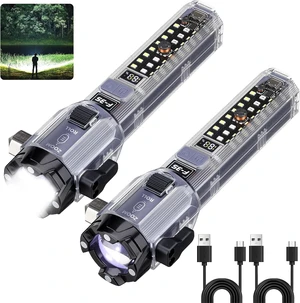 2-Pack Rechargeable Car Emergency Flashlight 990,000 Lumen, 7-Mode Tactical LED with Window Breaker, Belt Cutter, Alarm Buzzer, Magnet & USB-C 2-Pack Rechargeable Car Emergency Flashlight 990,000 Lumen, 7-Mode Tactical LED with Window Breaker, Belt Cutter, Alarm Buzzer, Magnet & USB-C