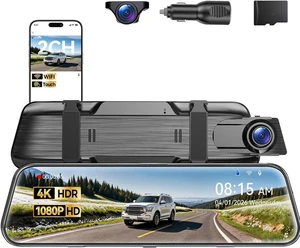4K 10" Mirror Dash Cam FHD Full Touch Screen, Front & Rear Cameras with WiFi & Night Vision, Streaming Media, Wide Angle Parking Assist, Free 32GB 4K 10" Mirror Dash Cam FHD Full Touch Screen, Front & Rear Cameras with WiFi & Night Vision, Streaming Media, Wide Angle Parking Assist, Free 32GB