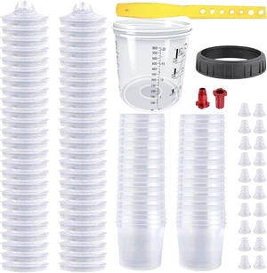 Disposable HVLP Paint Spray Gun Cup System, 20 oz (600ml) Kit with 50 Cups & Lids, 1 Hard Mixing Cup with Retainer Ring and 20 Plugs Disposable HVLP Paint Spray Gun Cup System, 20 oz (600ml) Kit with 50 Cups & Lids, 1 Hard Mixing Cup with Retainer Ring and 20 Plugs