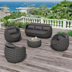 Aluminum Outdoor Patio Couch Set: 5 Pieces Woven Rope Porch Furniture Sofa Set - Metal Modern Deck Conversation Set - All Weather Assembled Courtyard Seating for Backyard Hotel Resort, Dark Grey Aluminum Outdoor Patio Couch Set: 5 Pieces Woven Rope Porch Furniture Sofa Set - Metal Modern Deck Conversation Set - All Weather Assembled Courtyard Seating for Backyard Hotel Resort, Dark Grey