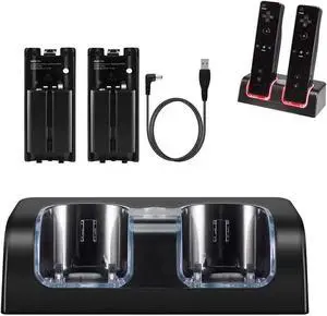 Wii Chargers for Wii Remote Controller, Wii Charger Dock Station with 2 Rechargeable Batteries and USB Charging Cord, Black Wii Chargers for Wii Remote Controller, Wii Charger Dock Station with 2 Rechargeable Batteries and USB Charging Cord, Black
