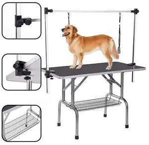 New High Quality Folding Pet Grooming Table Stainless Steel Legs and Arms Black Rubber Top Storage Basket New High Quality Folding Pet Grooming Table Stainless Steel Legs and Arms Black Rubber Top Storage Basket