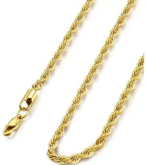 18k Real Gold Plated 2.5-3 MM Stainless Steel Mens Womens Necklace Twist Rope Chain, 16-20 inches 18k Real Gold Plated 2.5-3 MM Stainless Steel Mens Womens Necklace Twist Rope Chain, 16-20 inches