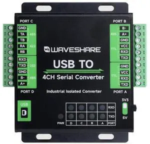 Waveshare Industrial USB to 4-Ch Serial Converter, Original FT4232HL Chip, Supports USB to RS232/485/422/TTL, Multiple Devices Applicable, Multi-OS Compatible Waveshare Industrial USB to 4-Ch Serial Converter, Original FT4232HL Chip, Supports USB to RS232/485/422/TTL, Multiple Devices Applicable, Multi-OS Compatible