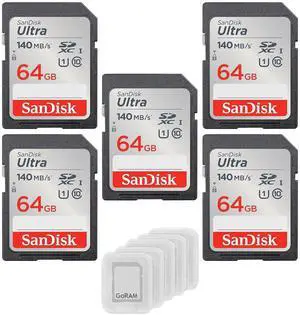 64GB Ultra SDXC UHS-I Class 10 Memory Card 140MB/s U1, Full HD, SD Camera Card SDSDUNB-064G (5 Pack) Bundle with (5) GoRAM Plastic Cases 64GB Ultra SDXC UHS-I Class 10 Memory Card 140MB/s U1, Full HD, SD Camera Card SDSDUNB-064G (5 Pack) Bundle with (5) GoRAM Plastic Cases
