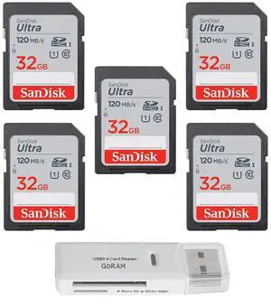 32GB Ultra SDHC UHS-I Class 10 Memory Card 120MB/s U1, Full HD, SD Camera Card SDSDUN4-032G (5 Pack) Bundle with (1) GoRAM USB 3.0 Card Reader 32GB Ultra SDHC UHS-I Class 10 Memory Card 120MB/s U1, Full HD, SD Camera Card SDSDUN4-032G (5 Pack) Bundle with (1) GoRAM USB 3.0 Card Reader