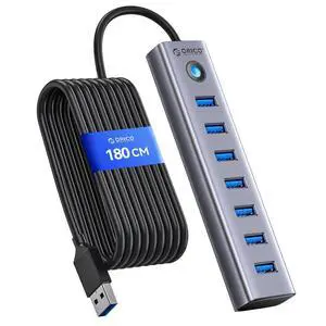 7-Port USB 3.0 Hub, Aluminum USB Multiple Adapter, 5Gbps USB Extender USB Splitter with 6Ft Cable, UBS-A Hub Long Cable for Desktop, PC, Flash Drive, Mobile HDD, Windows/XPS 7-Port USB 3.0 Hub, Aluminum USB Multiple Adapter, 5Gbps USB Extender USB Splitter with 6Ft Cable, UBS-A Hub Long Cable for Desktop, PC, Flash Drive, Mobile HDD, Windows/XPS