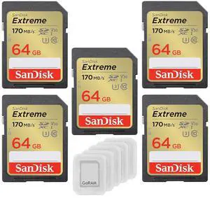 64GB (5 Pack) Extreme SDXC UHS-I Class 10 Memory Card 170MB/s U3, V30, 4K, SD Camera Card SDSDXV2-064G Bundle with (5) GoRAM Plastic Cases (64GB, 5 Pack) 64GB (5 Pack) Extreme SDXC UHS-I Class 10 Memory Card 170MB/s U3, V30, 4K, SD Camera Card SDSDXV2-064G Bundle with (5) GoRAM Plastic Cases (64GB, 5 Pack)