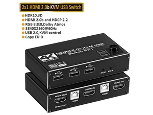 4K@60Hz HDMI2.0 USB KVM Switch 2 in 1 Out Box, with 2 Computers 1 Monitor, 2 PCs Share 3USB Hubs, for Mac, Windows