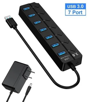 Powered USB 3.0 Hub, 7 Ports USB Data Hub Splitter with Individual ON/Off Switches and 5V DC Power Adapter USB Extension for Mouse, Keyboard, Hard Drive or More USB Devices - Black(7IN1HUB)