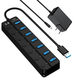 Powered USB 3.0 Multiport Hub, 7-Port Data Splitter with 5V DC Power Adapter, Individual On/Off Switches for MacBook, Mac Pro/Mini, Surface, Chromebook, More (Black, 7IN1HUB))