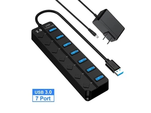 Powered USB Hub 3.0, 7 Ports USB Charger Hub Splitter with 5V DC Adapter, Individual On/Off Switches for Desktop Computer, PC, iMac, Mobile HDD, Flash Drive - Black(7IN1HUB)