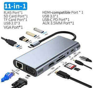 11-Ports USB C Hub, USB Hub to Multiport USB C Dongle Adapter 11 in 1 with 4K HDMI, VGA, RJ45, USB 3.0, 3*USB 2.0 Ports, 100W USB-C PD, 3.5mm Aux Ports, TF/SD for MacBook Pro and More Devices 11-Ports USB C Hub, USB Hub to Multiport USB C Dongle Adapter 11 in 1 with 4K HDMI, VGA, RJ45, USB 3.0, 3*USB 2.0 Ports, 100W USB-C PD, 3.5mm Aux Ports, TF/SD for MacBook Pro and More Devices