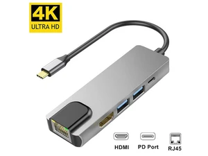 5 in 1 USB 3.1 Type-C HUB 4K HDMI-compatible USB3.0 PD RJ45 Adapter HUB USB Converter Splitter for Laptop Projector Monitor 5 in 1 USB 3.1 Type-C HUB 4K HDMI-compatible USB3.0 PD RJ45 Adapter HUB USB Converter Splitter for Laptop Projector Monitor