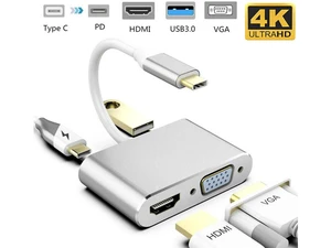 USB C to HDMI/VGA Adapter, ESTONE 4 in 1 USB-CType-C Hub VGA/HDMI/USB3.0/PD Video Adapter 4K UHD, Support HDMI&VGA Simultaneously, Male to Female Multi-Display Video Converter -Silver USB C to HDMI/VGA Adapter, ESTONE 4 in 1 USB-CType-C Hub VGA/HDMI/USB3.0/PD Video Adapter 4K UHD, Support HDMI&VGA Simultaneously, Male to Female Multi-Display Video Converter -Silver