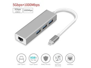 USB 3.1 Type-C to 3 Port USB Hub with Ethernet Adapter - Gray USB 3.1 Type-C to 3 Port USB Hub with Ethernet Adapter - Gray