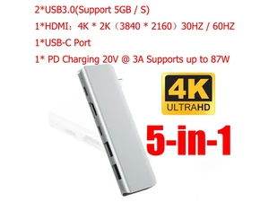 Type C Hub, USB C Hub, ESTONE 5 in 1 Adapter with 2*Port USB 3.0(Support 5GB / S) + 1*USB-C + 1*4K HDMI + 1* PD Charging Port Supports up to 87W Compatible for Mac Pro and Other Type C Device Type C Hub, USB C Hub, ESTONE 5 in 1 Adapter with 2*Port USB 3.0(Support 5GB / S) + 1*USB-C + 1*4K HDMI + 1* PD Charging Port Supports up to 87W Compatible for Mac Pro and Other Type C Device
