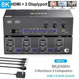 WRIARICH KVM Switch 3 Monitors 3 Computers, 8K@60Hz/4k@144Hz HDMI + 2 Displayport Triple Monitor KVM Switches for 3 PCs Share 3 Displays and 4 USB 3.0 Devices, Included USB Cables and Wired Remote WRIARICH KVM Switch 3 Monitors 3 Computers, 8K@60Hz/4k@144Hz HDMI + 2 Displayport Triple Monitor KVM Switches for 3 PCs Share 3 Displays and 4 USB 3.0 Devices, Included USB Cables and Wired Remote