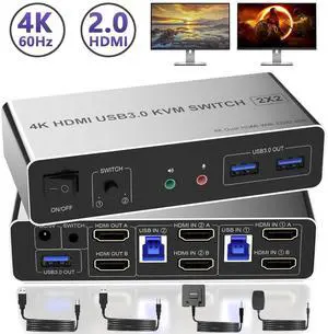 HDMI Dual Monitor KVM Switch 2 Computers 2 Monitors 4K@60Hz, EDID Emulators HDMI USB KVM Switcher for 2 PCs Share Dual Monitors and 3 USB 3.0 Ports with Audio Microphone, Extended & Mirror Mode HDMI Dual Monitor KVM Switch 2 Computers 2 Monitors 4K@60Hz, EDID Emulators HDMI USB KVM Switcher for 2 PCs Share Dual Monitors and 3 USB 3.0 Ports with Audio Microphone, Extended & Mirror Mode