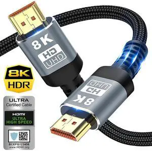 8K HDMI Cable 2.1 3.3FT/1M, Ultra 48Gbps High Speed 8K60 4K120 144Hz Braided Black HDMI Cord eARC HDR10 HDCP 2.2&2.3 Compatible with Roku TV/PS5/HDTV 8K HDMI Cable 2.1 3.3FT/1M, Ultra 48Gbps High Speed 8K60 4K120 144Hz Braided Black HDMI Cord eARC HDR10 HDCP 2.2&2.3 Compatible with Roku TV/PS5/HDTV