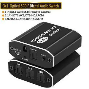 3 Port Optical Switcher Splitter 3 in 1 Out, with 2 Way Spdif Toslink Optical Splitter/IR Remote Control Optical Switcher Splitter, 3 Port Spdif Toslink Optical Switch 3 Port Optical Switcher Splitter 3 in 1 Out, with 2 Way Spdif Toslink Optical Splitter/IR Remote Control Optical Switcher Splitter, 3 Port Spdif Toslink Optical Switch