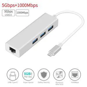 WRIARICH USB 3.1 Type-C to 3 Port USB Hub with Ethernet Adapter - Silver WRIARICH USB 3.1 Type-C to 3 Port USB Hub with Ethernet Adapter - Silver