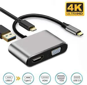 USB C to HDMI/VGA Adapter, 4 in 1 USB-CType-C Hub VGA/HDMI/USB3.0/PD Video Adapter 4K UHD, Support HDMI&VGA Simultaneously, Male to Female Multi-Display Video Converter -Gray USB C to HDMI/VGA Adapter, 4 in 1 USB-CType-C Hub VGA/HDMI/USB3.0/PD Video Adapter 4K UHD, Support HDMI&VGA Simultaneously, Male to Female Multi-Display Video Converter -Gray