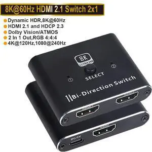 8K@60Hz HDMI Switch, 8K HDMI 2.1 Switch Bi-Directional 2 in 1 Out/ 1 in 2 Out Supports 8K@60Hz, 4K@120Hz, 48Gbps High Speed for PS5 Xbox Projector Monitor Blu-Ray Player etc 8K@60Hz HDMI Switch, 8K HDMI 2.1 Switch Bi-Directional 2 in 1 Out/ 1 in 2 Out Supports 8K@60Hz, 4K@120Hz, 48Gbps High Speed for PS5 Xbox Projector Monitor Blu-Ray Player etc