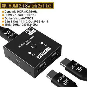 HDMI2.1 Switch 4K120hz HDMI Switcher 2 in 1 Out or 1 in 2 Out Bidirectional Selector No External Power Needed Supports 8K@60hz and 4K@120hz for PS/Xbox/Fire Stick/HDTV/DVD HDMI2.1 Switch 4K120hz HDMI Switcher 2 in 1 Out or 1 in 2 Out Bidirectional Selector No External Power Needed Supports 8K@60hz and 4K@120hz for PS/Xbox/Fire Stick/HDTV/DVD