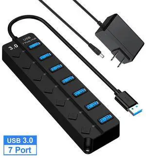 Powered USB Hub 3.0, 7 Ports USB Charger Hub Splitter with 5V DC Adapter, Individual On/Off Switches for Desktop Computer, PC, iMac, Mobile HDD, Flash Drive - Black(7IN1HUB) Powered USB Hub 3.0, 7 Ports USB Charger Hub Splitter with 5V DC Adapter, Individual On/Off Switches for Desktop Computer, PC, iMac, Mobile HDD, Flash Drive - Black(7IN1HUB)