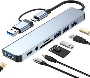 USB A Type C Hub, 8-in-1 Dongle, USB C to USB3.0, 3 USB 2.0,100W Power Delivery, SD/TF Card Reader and 3.5mm Audio Adapter, Compatible with MacBook Air Pro, Chromebook and Other Type C Laptops USB A Type C Hub, 8-in-1 Dongle, USB C to USB3.0, 3 USB 2.0,100W Power Delivery, SD/TF Card Reader and 3.5mm Audio Adapter, Compatible with MacBook Air Pro, Chromebook and Other Type C Laptops
