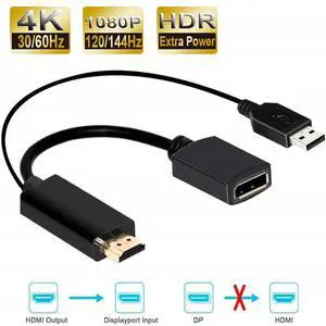 HDMI to DisplayPort,HDMI to DisplayPort Cable Adapter with USB Power, HDMI Male to DP Female with USB Power, Support 4K@60Hz,1080P@144hz, Display1.4, Dual - Modes(NOT USB Port) HDMI to DisplayPort,HDMI to DisplayPort Cable Adapter with USB Power, HDMI Male to DP Female with USB Power, Support 4K@60Hz,1080P@144hz, Display1.4, Dual - Modes(NOT USB Port)