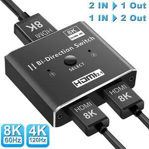 Bi-directional HDMI Switch Splitter 1X2/2X1, 8K Ultra HD HDMI Switcher Support HDMI 2.1 HDCP 2.3, 3D, 1080P, 8k@60Hz for Xbox PS5/4/3 Blu-Ray Player Fire Stick HDTV Bi-directional HDMI Switch Splitter 1X2/2X1, 8K Ultra HD HDMI Switcher Support HDMI 2.1 HDCP 2.3, 3D, 1080P, 8k@60Hz for Xbox PS5/4/3 Blu-Ray Player Fire Stick HDTV