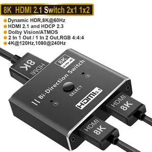 HDMI Switch 4K@120HzUpgraded2 in 1 Out HDMI Splitter/1 in 2 Out Switcher, 2 Port Hdmi Switcher Box Supports Full HD 8K 4K 1080P 3D,HDMI Switcher Selector 2.1 HDMI Switch for Xbox PS3 4 5 TV Gaming HDMI Switch 4K@120HzUpgraded2 in 1 Out HDMI Splitter/1 in 2 Out Switcher, 2 Port Hdmi Switcher Box Supports Full HD 8K 4K 1080P 3D,HDMI Switcher Selector 2.1 HDMI Switch for Xbox PS3 4 5 TV Gaming