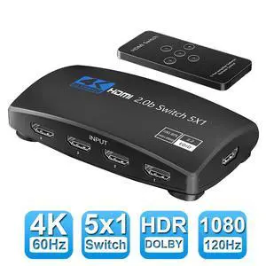 4K@60Hz 5 Port HDMI Switch, 5 in 1 Out HDMI Switcher Selector Support HDR & HDCP 2.2 & Full 3D with IR Remote Control for Nintendo Switch,Xbox PS5/PS4,Fire Stick,Roku,Apple TV 4K@60Hz 5 Port HDMI Switch, 5 in 1 Out HDMI Switcher Selector Support HDR & HDCP 2.2 & Full 3D with IR Remote Control for Nintendo Switch,Xbox PS5/PS4,Fire Stick,Roku,Apple TV
