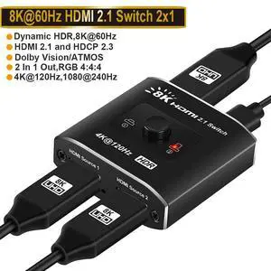 HDMI 2.1 Switch 8K@60Hz HDMI Splitter 2 in 1 Out Supports 4K@120Hz 1080P@240Hz 3D HDR Dolby High Speed 48Gbps HDMI Switch Compatible with PS5 PS4 Fire Stick Xbox Apple TV Blu-Ray Player(OZ8Q2B) HDMI 2.1 Switch 8K@60Hz HDMI Splitter 2 in 1 Out Supports 4K@120Hz 1080P@240Hz 3D HDR Dolby High Speed 48Gbps HDMI Switch Compatible with PS5 PS4 Fire Stick Xbox Apple TV Blu-Ray Player(OZ8Q2B)