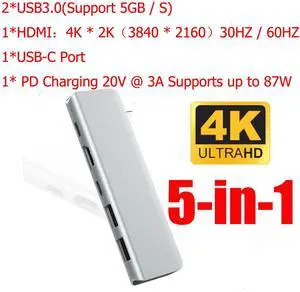 Type C Hub, USB C Hub, 5 in 1 Adapter with 2*Port USB 3.0(Support 5GB / S) + 1*USB-C + 1*4K HDMI + 1* PD Charging Port Supports up to 87W Compatible for Mac Pro and Other Type C Device Type C Hub, USB C Hub, 5 in 1 Adapter with 2*Port USB 3.0(Support 5GB / S) + 1*USB-C + 1*4K HDMI + 1* PD Charging Port Supports up to 87W Compatible for Mac Pro and Other Type C Device