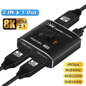 HDMI Switch 4k 120hz, Ultra Hd 8k High Speed 48gbps, HDMI 2.1 One Button Switch, 2 in 1 Out Supports 3D 8K@60Hz 4K@120Hz, Compatible for PS5 PS4 Projectors Monitor Blu-ray Player Xbox(OZ8Q2B) HDMI Switch 4k 120hz, Ultra Hd 8k High Speed 48gbps, HDMI 2.1 One Button Switch, 2 in 1 Out Supports 3D 8K@60Hz 4K@120Hz, Compatible for PS5 PS4 Projectors Monitor Blu-ray Player Xbox(OZ8Q2B)