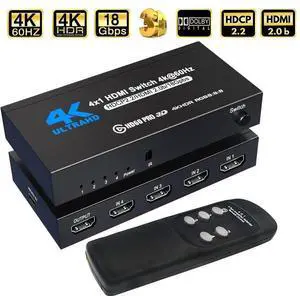 HDMI Switch 4k@60HZ HDMI Splitter 4 in 1 Out HDMI Switcher Selector with IR Remote Control, HDMI 4 Port Box Hub Support 3D HDCP2.2 for PS4/Xbox One/Fire TV/Apple TV/Sky Box/STB/DVD/Roku HDMI Switch 4k@60HZ HDMI Splitter 4 in 1 Out HDMI Switcher Selector with IR Remote Control, HDMI 4 Port Box Hub Support 3D HDCP2.2 for PS4/Xbox One/Fire TV/Apple TV/Sky Box/STB/DVD/Roku