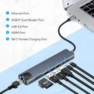 USB C Hub, 8-in-1 Type C Multiport Hub Adapter with RJ45 Ethernet, 4K HDMI, USB-C PD Charging Port,Type-C Data Port, 2 USB 3.0, SD/TF Cards Reader USB C Dock for MacBook/Pro/Air and More USB C Hub, 8-in-1 Type C Multiport Hub Adapter with RJ45 Ethernet, 4K HDMI, USB-C PD Charging Port,Type-C Data Port, 2 USB 3.0, SD/TF Cards Reader USB C Dock for MacBook/Pro/Air and More